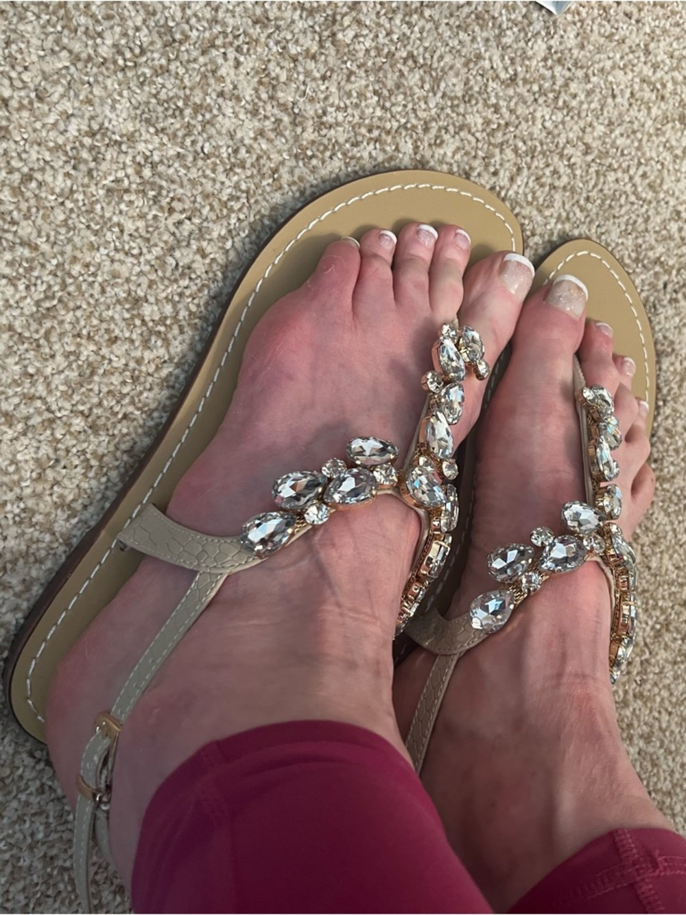 Tan Jeweled T-Strap Sandals